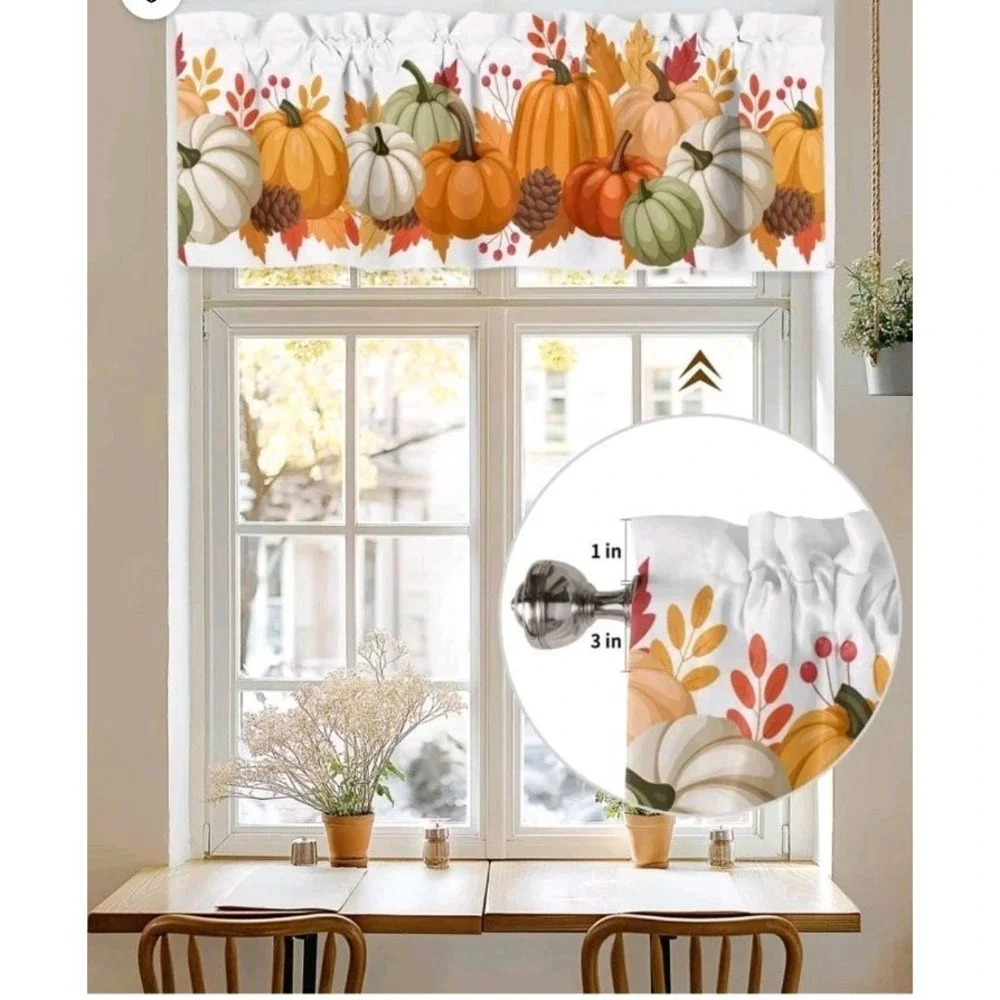 Fall Valance Curtains Harvest Pumpkin Leaf Rod Pocket Kitchen 54x18 Inch